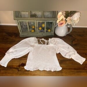 She + Sky White Smocked Crop Blouse with Puff Sleeves